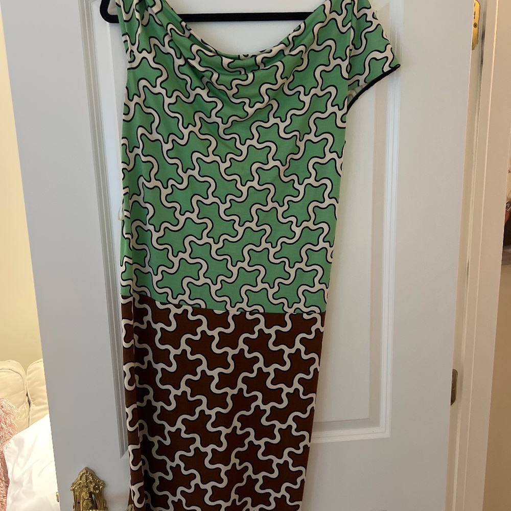 DVF green and brown print dress